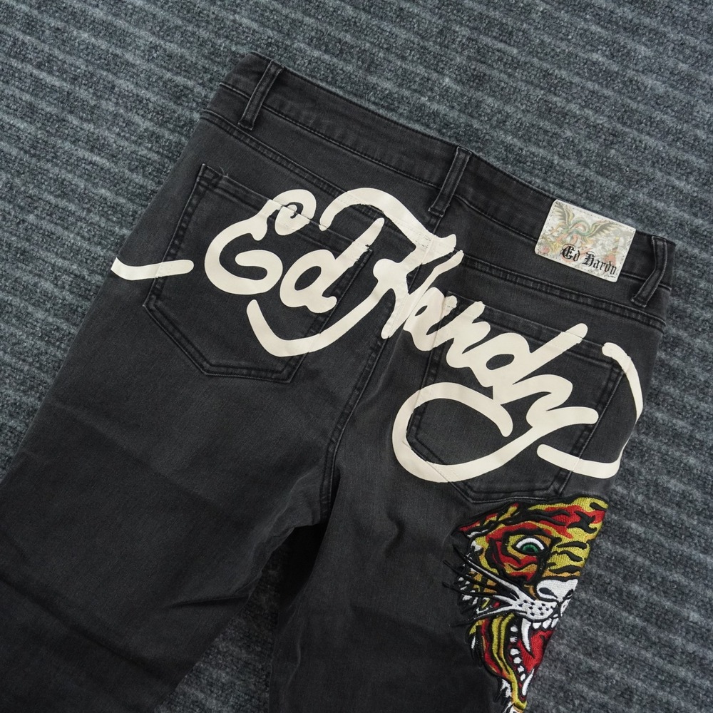 Ed Hardy Flare Jeans Mens 32 Black Tiger Graphic Logo Streetwear